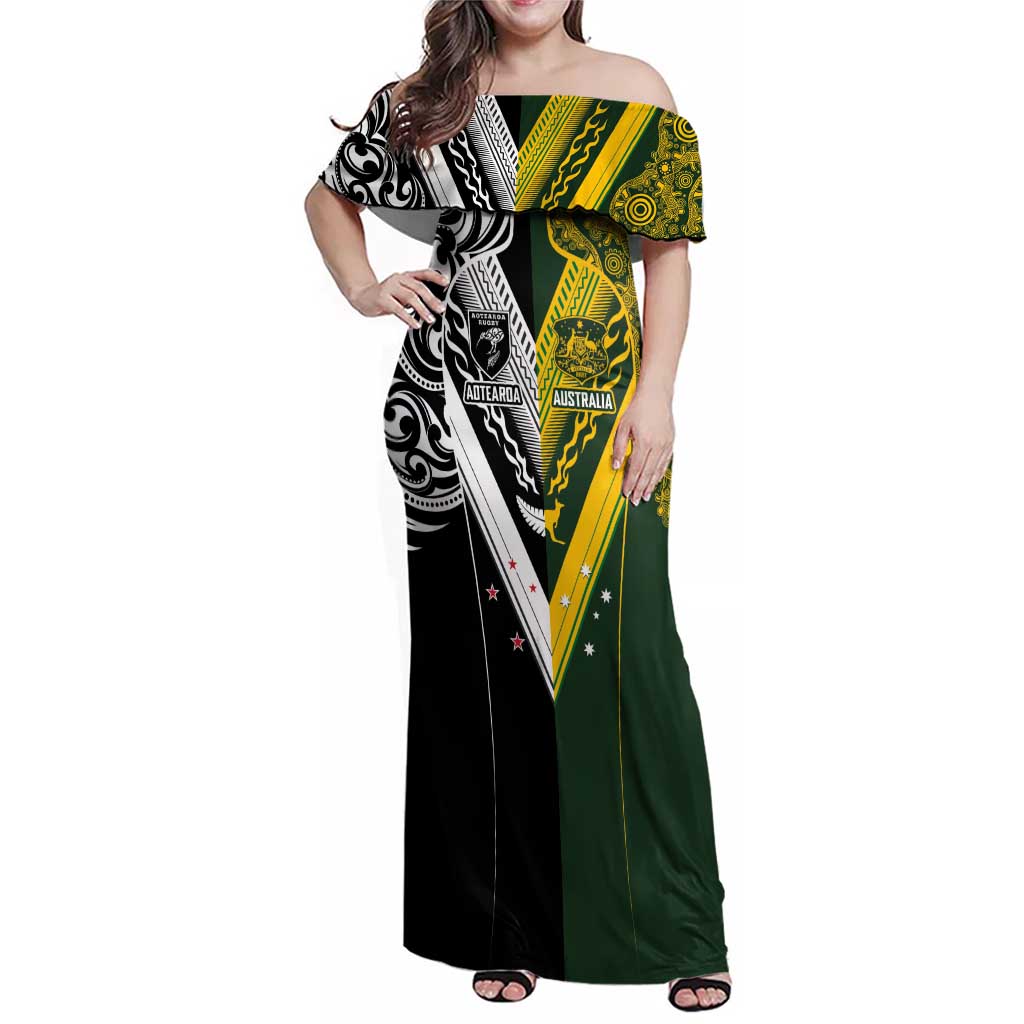 Aotearoa Australia Rugby Custom Family Matching Off Shoulder Maxi Dress and Hawaiian Shirt Maori and Aboriginal Art Sporty Style - Polynesian Pride