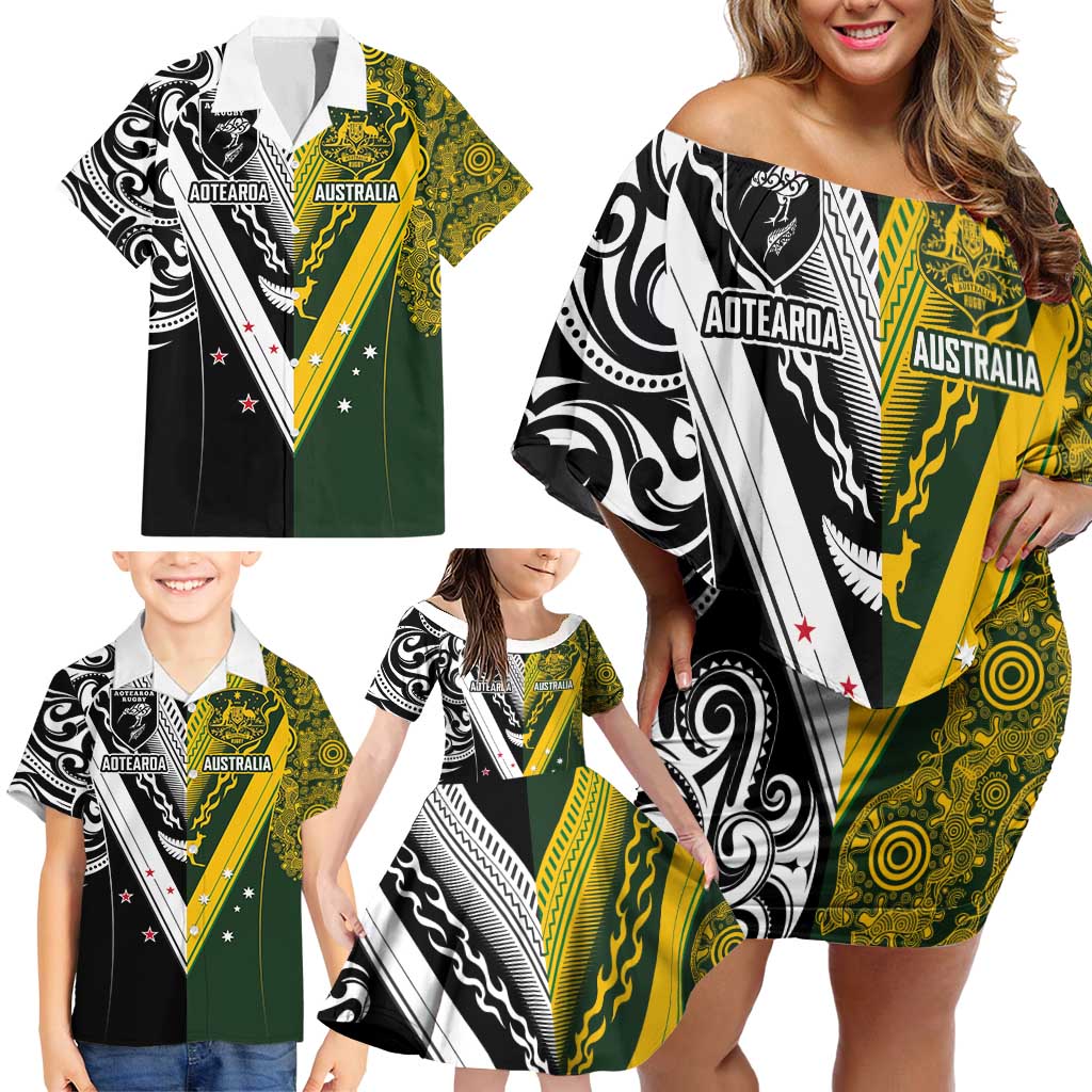 Aotearoa Australia Rugby Custom Family Matching Off Shoulder Short Dress and Hawaiian Shirt Maori and Aboriginal Art Sporty Style - Polynesian Pride