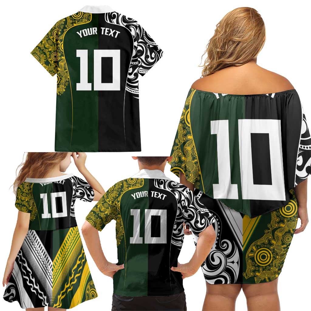 Aotearoa Australia Rugby Custom Family Matching Off Shoulder Short Dress and Hawaiian Shirt Maori and Aboriginal Art Sporty Style - Polynesian Pride