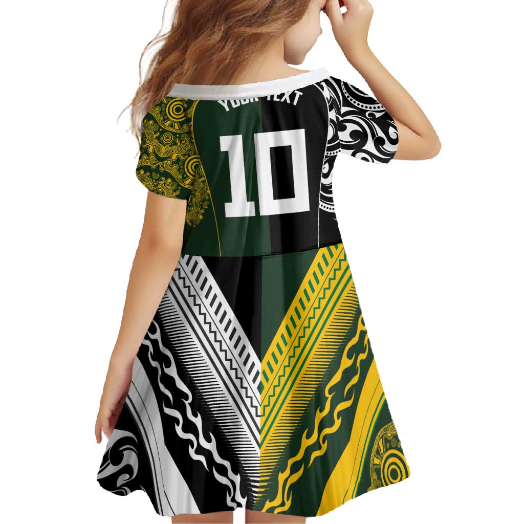 Aotearoa Australia Rugby Custom Family Matching Short Sleeve Bodycon Dress and Hawaiian Shirt Maori and Aboriginal Art Sporty Style - Polynesian Pride