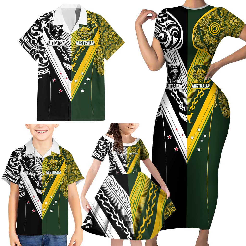 Aotearoa Australia Rugby Custom Family Matching Short Sleeve Bodycon Dress and Hawaiian Shirt Maori and Aboriginal Art Sporty Style - Polynesian Pride