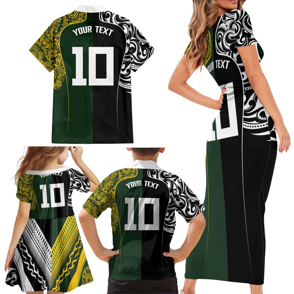 Aotearoa Australia Rugby Custom Family Matching Short Sleeve Bodycon Dress and Hawaiian Shirt Maori and Aboriginal Art Sporty Style - Polynesian Pride