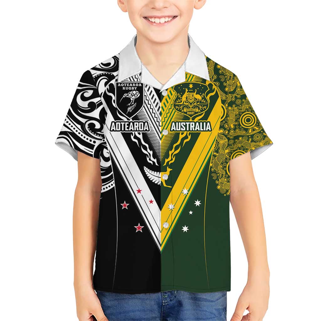 Aotearoa Australia Rugby Custom Family Matching Short Sleeve Bodycon Dress and Hawaiian Shirt Maori and Aboriginal Art Sporty Style - Polynesian Pride