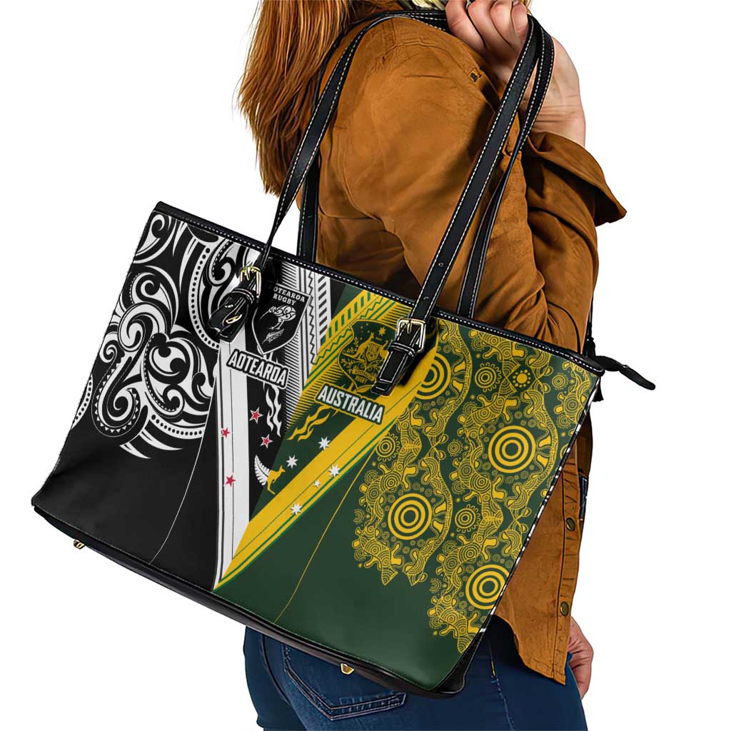 Aotearoa Australia Rugby Leather Tote Bag Maori and Aboriginal Art Sporty Style LT03 - Polynesian Pride