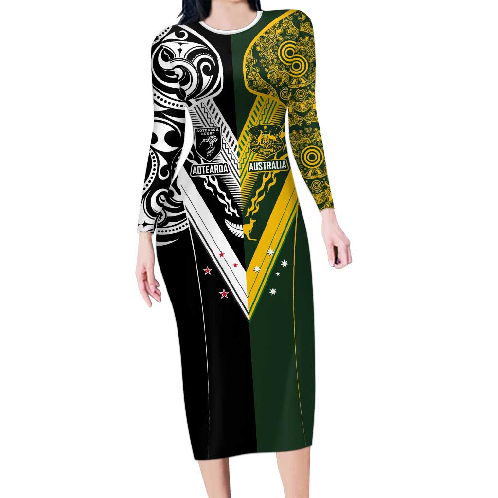 Aotearoa Australia Rugby Custom Long Sleeve Bodycon Dress Maori and Aboriginal Art Sporty Style - Polynesian Pride