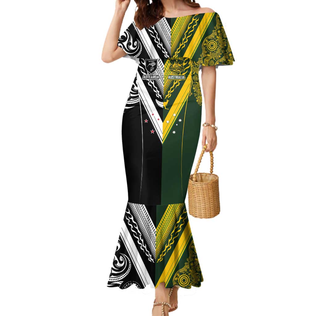 Aotearoa Australia Rugby Custom Mermaid Dress Maori and Aboriginal Art Sporty Style - Polynesian Pride