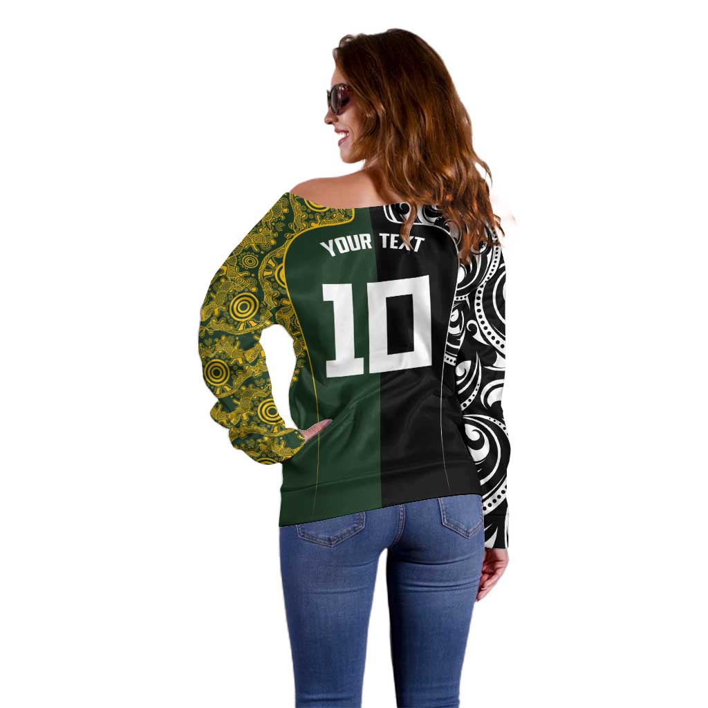 Aotearoa Australia Rugby Custom Off Shoulder Sweater Maori and Aboriginal Art Sporty Style - Polynesian Pride