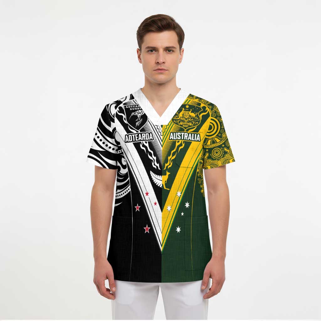 Aotearoa Australia Rugby Custom Scrub Top Maori and Aboriginal Art Sporty Style LT03 - Polynesian Pride