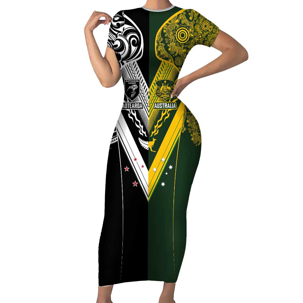 Aotearoa Australia Rugby Custom Short Sleeve Bodycon Dress Maori and Aboriginal Art Sporty Style - Polynesian Pride