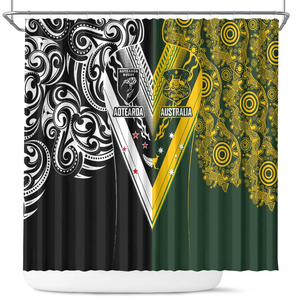 Aotearoa Australia Rugby Shower Curtain Maori and Aboriginal Art Sporty Style - Polynesian Pride