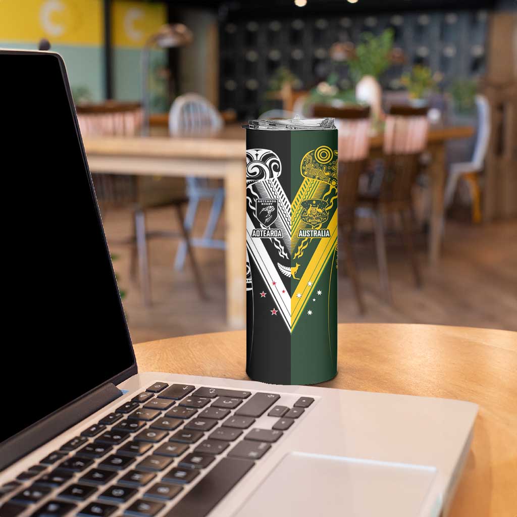 Aotearoa Australia Rugby Custom Skinny Tumbler Maori and Aboriginal Art Sporty Style - Polynesian Pride