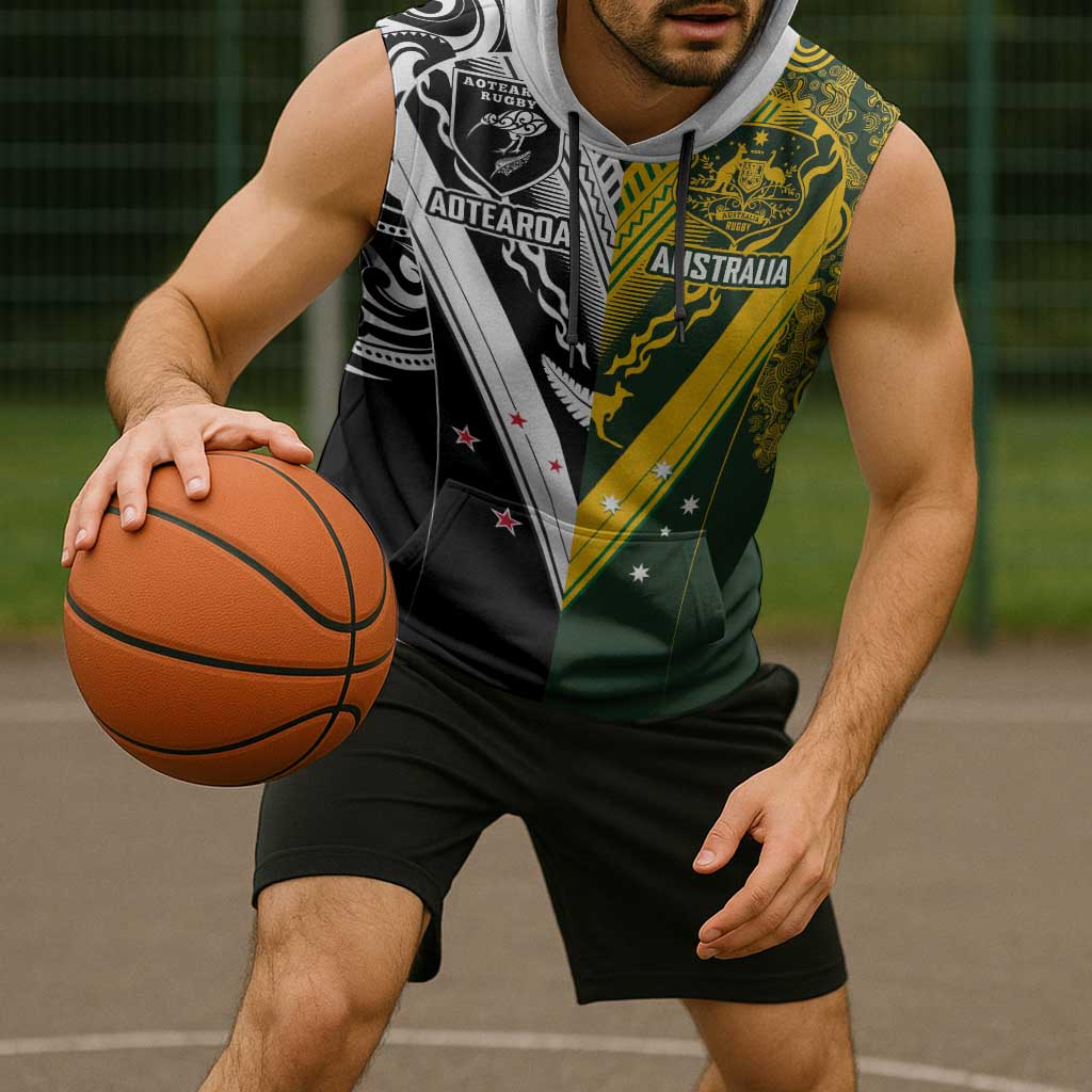 Aotearoa Australia Rugby Custom Sleeveless Hoodie Maori and Aboriginal Art Sporty Style - Polynesian Pride