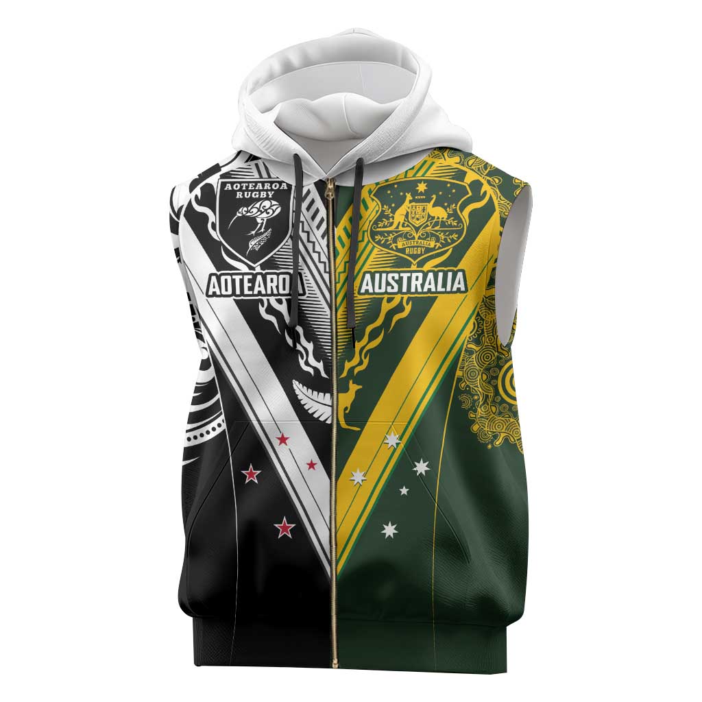 Aotearoa Australia Rugby Custom Sleeveless Zip Hoodie Maori and Aboriginal Art Sporty Style - Polynesian Pride