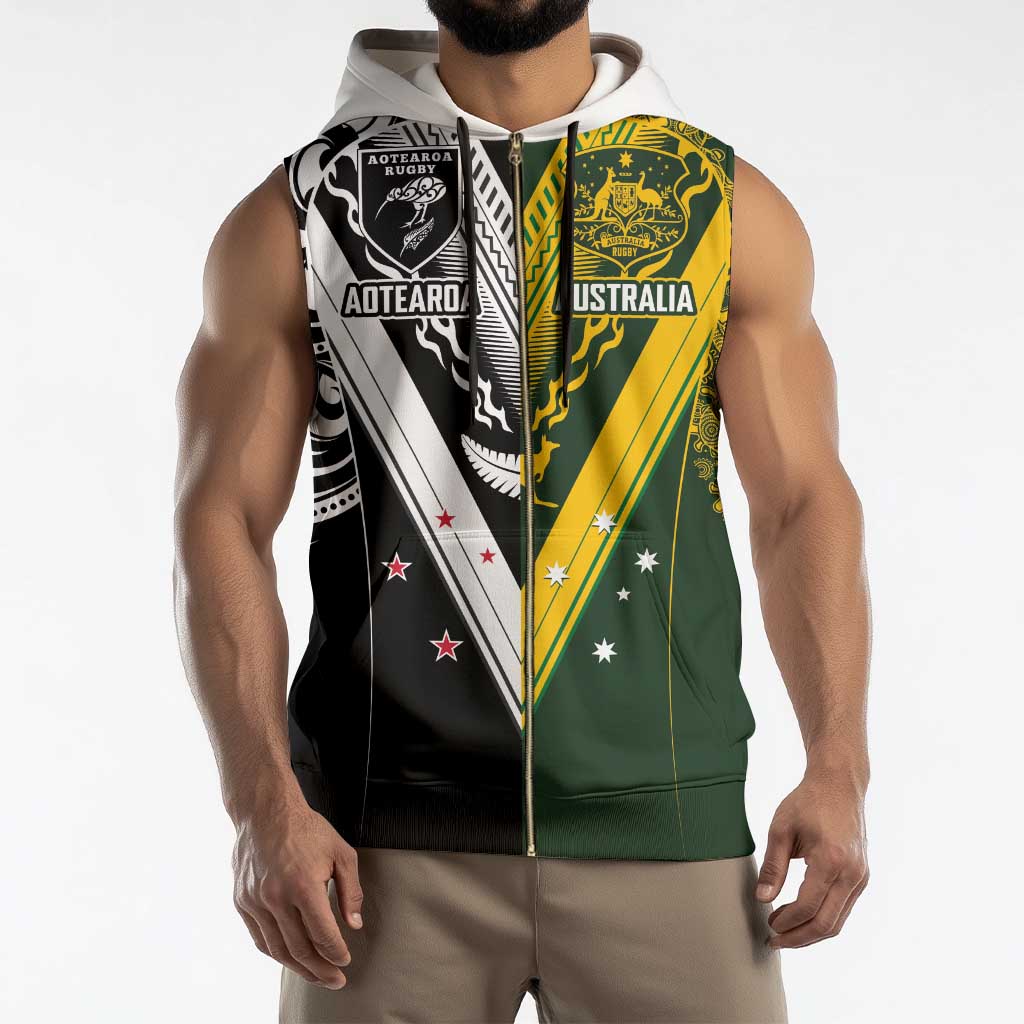 Aotearoa Australia Rugby Custom Sleeveless Zip Hoodie Maori and Aboriginal Art Sporty Style - Polynesian Pride
