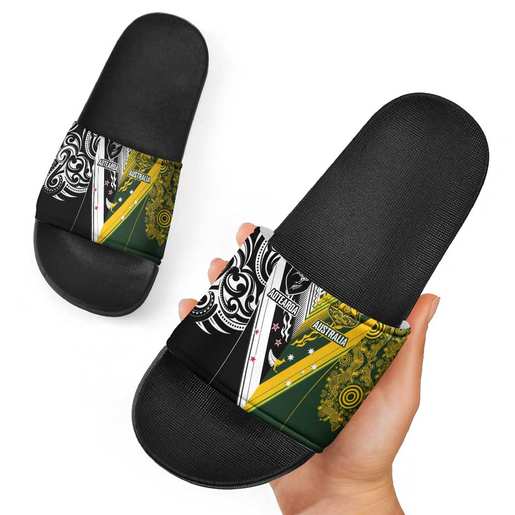 Aotearoa Australia Rugby Slide Sandals Maori and Aboriginal Art Sporty Style - Polynesian Pride