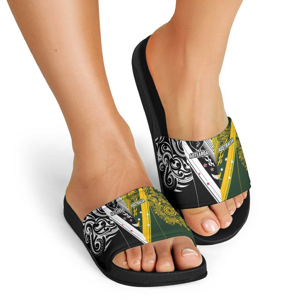 Aotearoa Australia Rugby Slide Sandals Maori and Aboriginal Art Sporty Style - Polynesian Pride