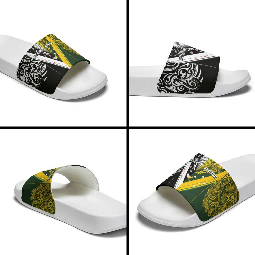 Aotearoa Australia Rugby Slide Sandals Maori and Aboriginal Art Sporty Style - Polynesian Pride