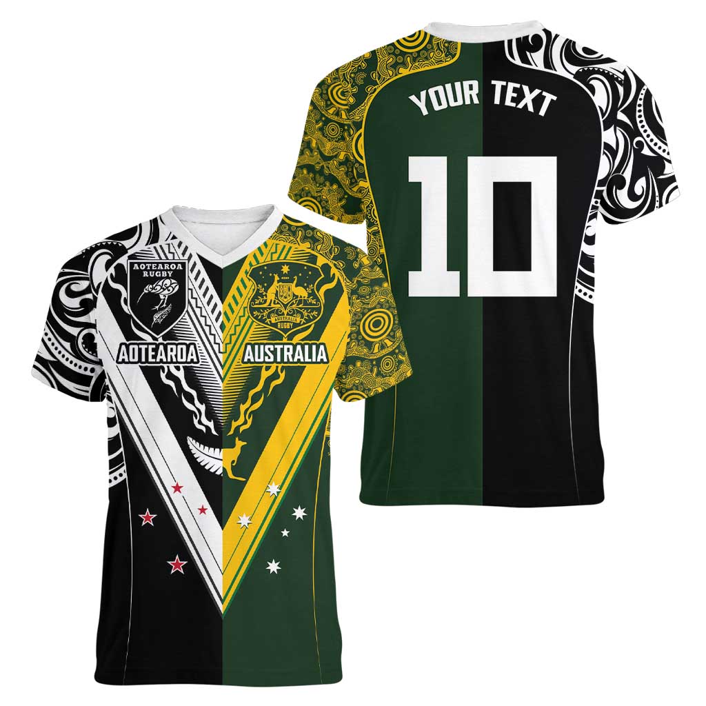 Aotearoa Australia Rugby Custom Women V-Neck T-Shirt Maori and Aboriginal Art Sporty Style - Polynesian Pride