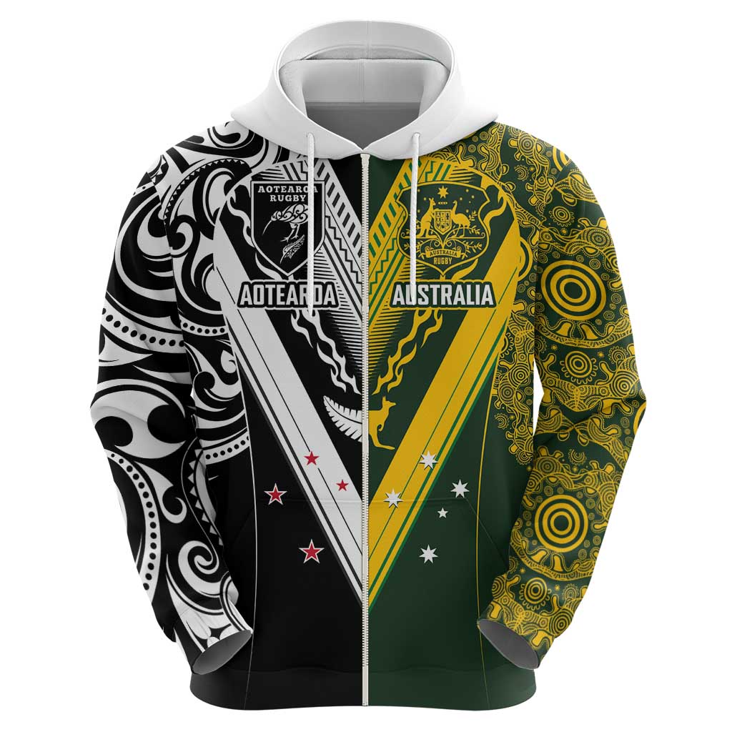 Aotearoa Australia Rugby Custom Zip Hoodie Maori and Aboriginal Art Sporty Style - Polynesian Pride