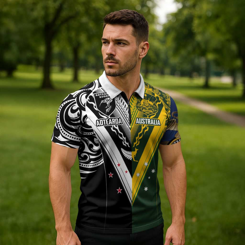 Aotearoa Australia Rugby Custom Zipper Polo Shirt Maori and Aboriginal Art Sporty Style - Polynesian Pride
