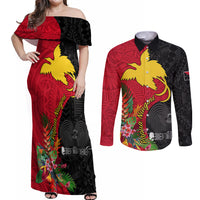 Papua New Guinea Couples Matching Off Shoulder Maxi Dress and Long Sleeve Button Shirts Birds Of Paradise Mix Tropical Flower Polynesian Pattern LT03 Red - Polynesian Pride