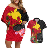 Papua New Guinea Couples Matching Off Shoulder Short Dress and Hawaiian Shirt Birds Of Paradise Mix Tropical Flower Polynesian Pattern LT03 Red - Polynesian Pride