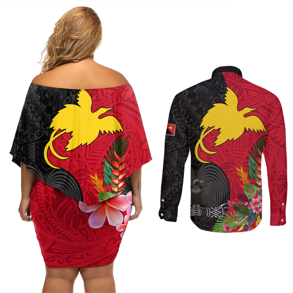 Papua New Guinea Couples Matching Off Shoulder Short Dress and Long Sleeve Button Shirts Birds Of Paradise Mix Tropical Flower Polynesian Pattern LT03 - Polynesian Pride