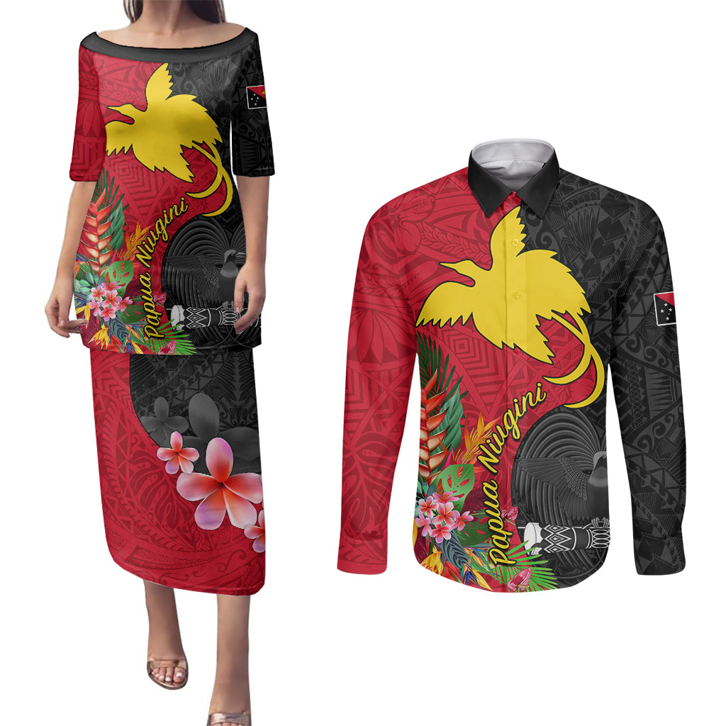 Papua New Guinea Couples Matching Puletasi Dress and Long Sleeve Button Shirts Birds Of Paradise Mix Tropical Flower Polynesian Pattern LT03 Red - Polynesian Pride