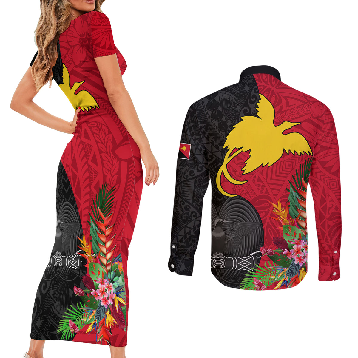Papua New Guinea Couples Matching Short Sleeve Bodycon Dress and Long Sleeve Button Shirts Birds Of Paradise Mix Tropical Flower Polynesian Pattern LT03 - Polynesian Pride