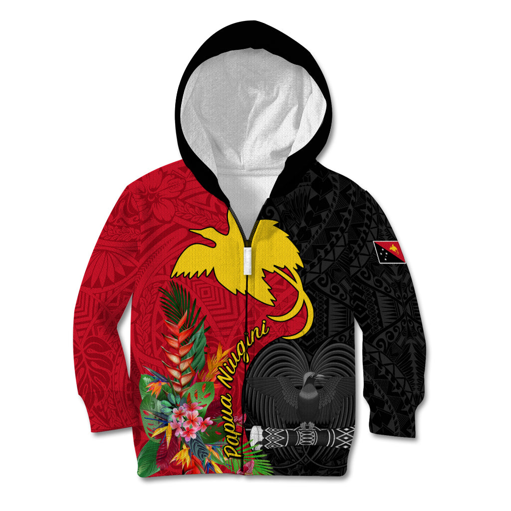 Papua New Guinea Kid Hoodie Birds Of Paradise Mix Tropical Flower Polynesian Pattern LT03 Zip Hoodie Red - Polynesian Pride