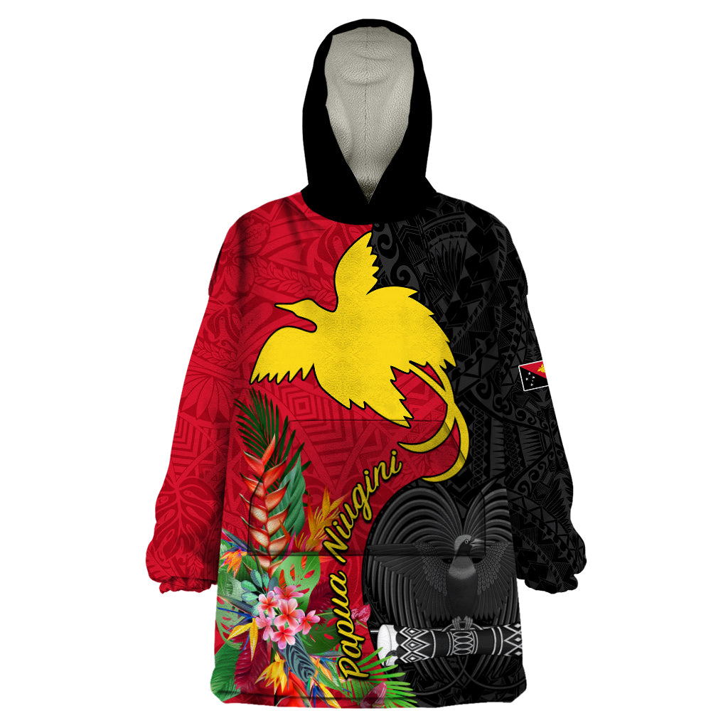 Papua New Guinea Wearable Blanket Hoodie Birds Of Paradise Mix Tropical Flower Polynesian Pattern LT03 One Size Red - Polynesian Pride