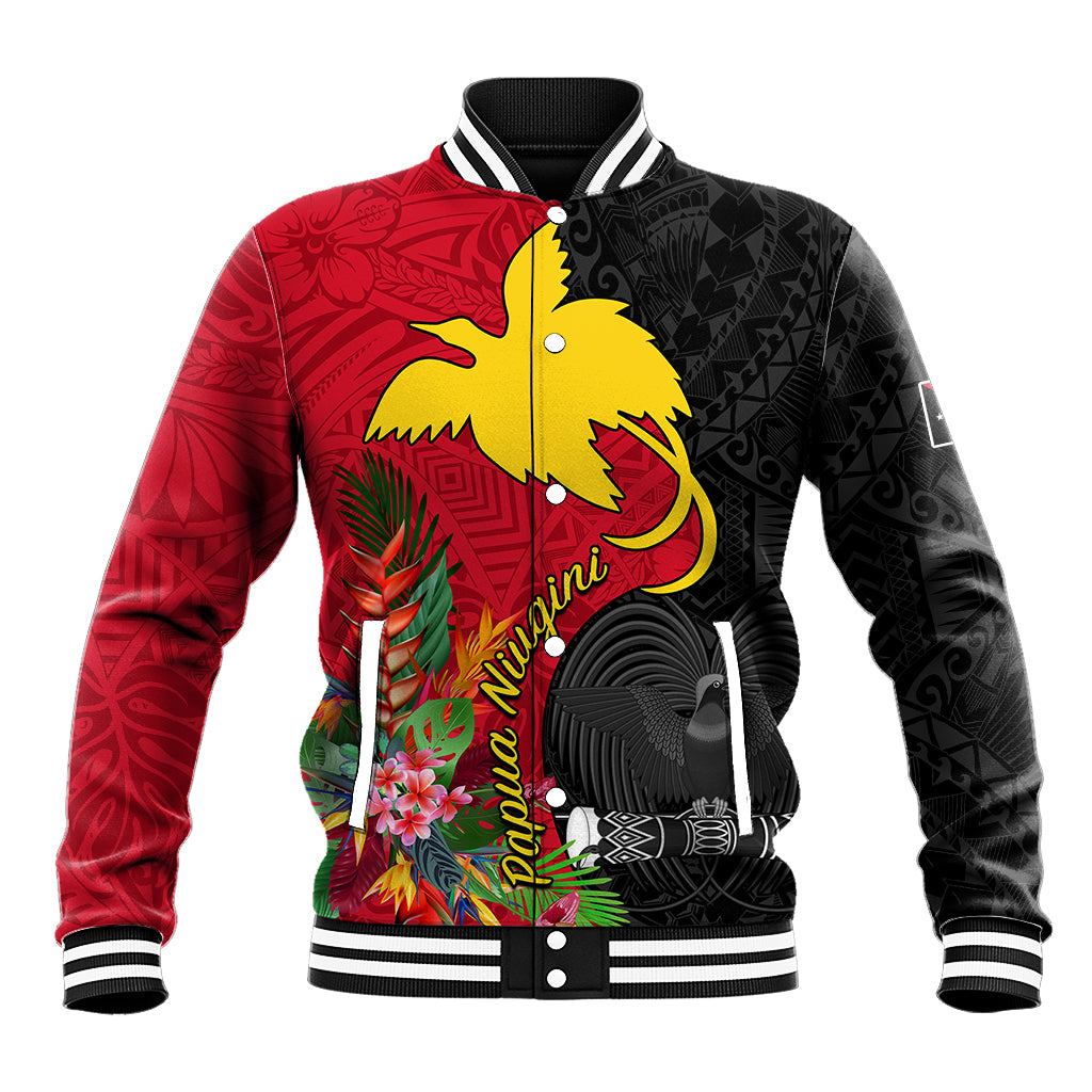 Custom Papua New Guinea Baseball Jacket Birds Of Paradise Mix Tropical Flower Polynesian Pattern LT03 Unisex Red - Polynesian Pride