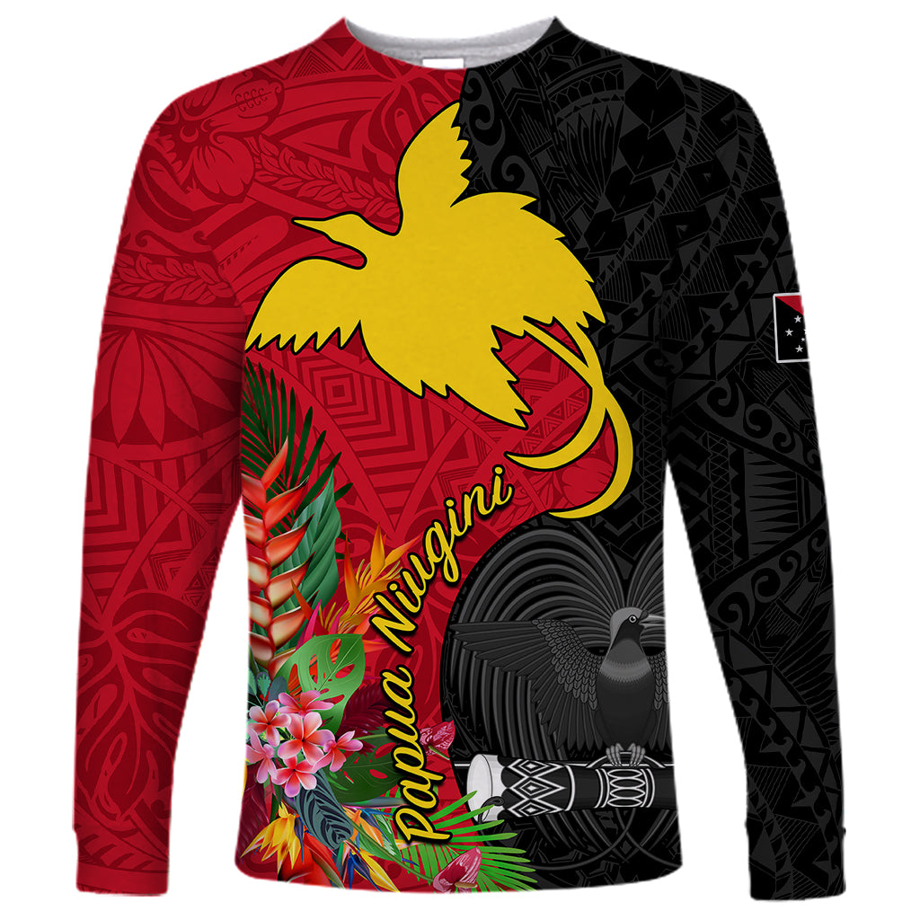 Custom Papua New Guinea Long Sleeve Shirt Birds Of Paradise Mix Tropical Flower Polynesian Pattern LT03 Unisex Red - Polynesian Pride