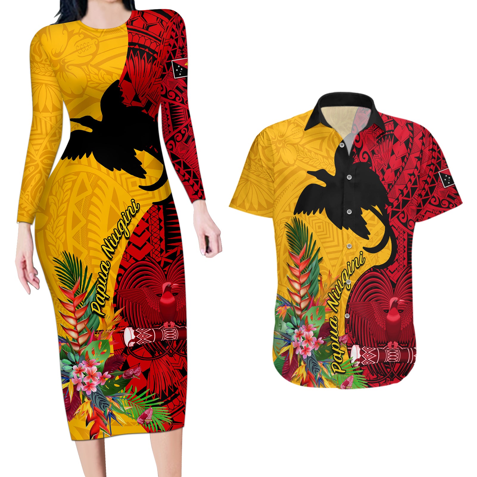 Papua New Guinea Couples Matching Long Sleeve Bodycon Dress and Hawaiian Shirt Birds Of Paradise Mix Tropical Flower Polynesian Pattern LT03 Yellow - Polynesian Pride