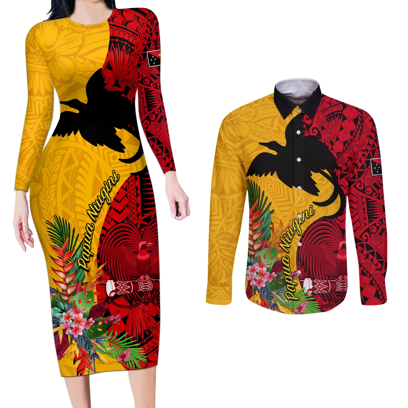 Papua New Guinea Couples Matching Long Sleeve Bodycon Dress and Long Sleeve Button Shirts Birds Of Paradise Mix Tropical Flower Polynesian Pattern LT03 Yellow - Polynesian Pride