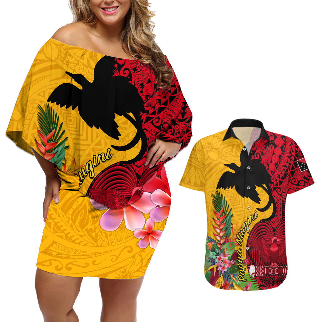 Papua New Guinea Couples Matching Off Shoulder Short Dress and Hawaiian Shirt Birds Of Paradise Mix Tropical Flower Polynesian Pattern LT03 Yellow - Polynesian Pride