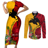 Papua New Guinea Couples Matching Short Sleeve Bodycon Dress and Long Sleeve Button Shirts Birds Of Paradise Mix Tropical Flower Polynesian Pattern LT03 Yellow - Polynesian Pride