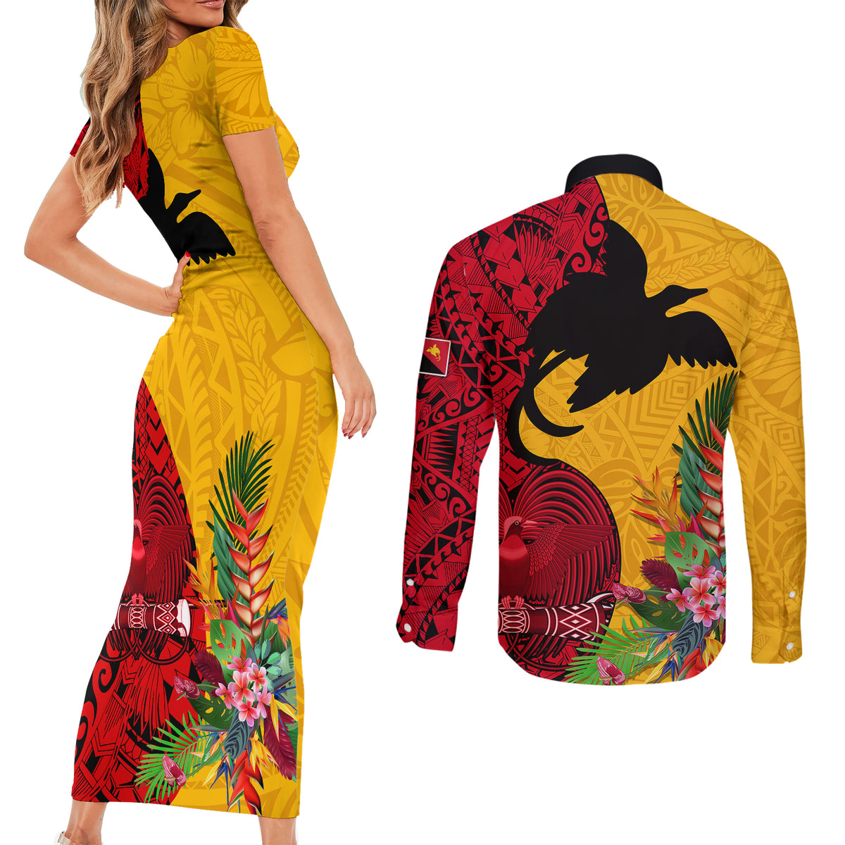Papua New Guinea Couples Matching Short Sleeve Bodycon Dress and Long Sleeve Button Shirts Birds Of Paradise Mix Tropical Flower Polynesian Pattern LT03 - Polynesian Pride