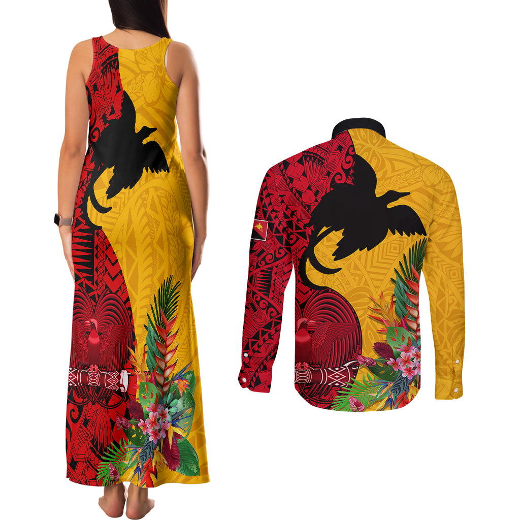Papua New Guinea Couples Matching Tank Maxi Dress and Long Sleeve Button Shirts Birds Of Paradise Mix Tropical Flower Polynesian Pattern LT03 - Polynesian Pride