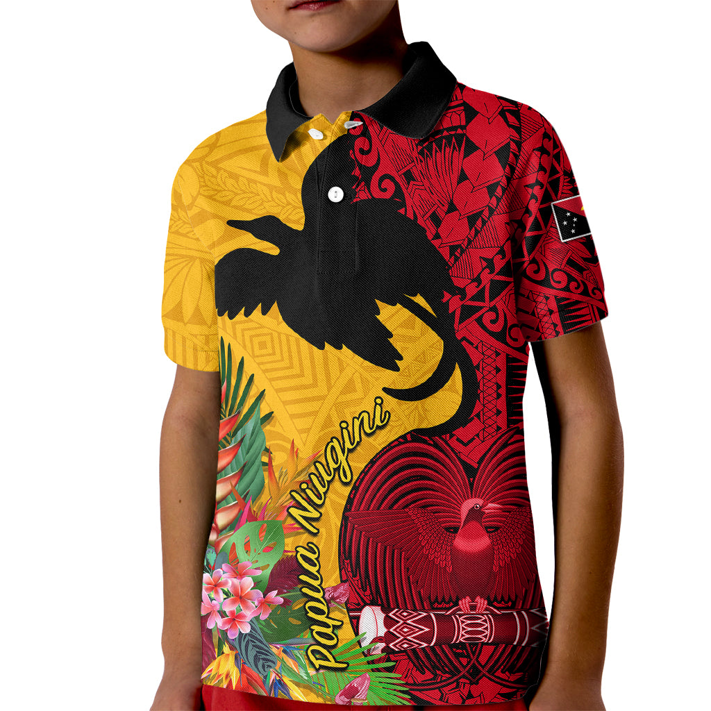 Papua New Guinea Kid Polo Shirt Birds Of Paradise Mix Tropical Flower Polynesian Pattern LT03 Kid Yellow - Polynesian Pride