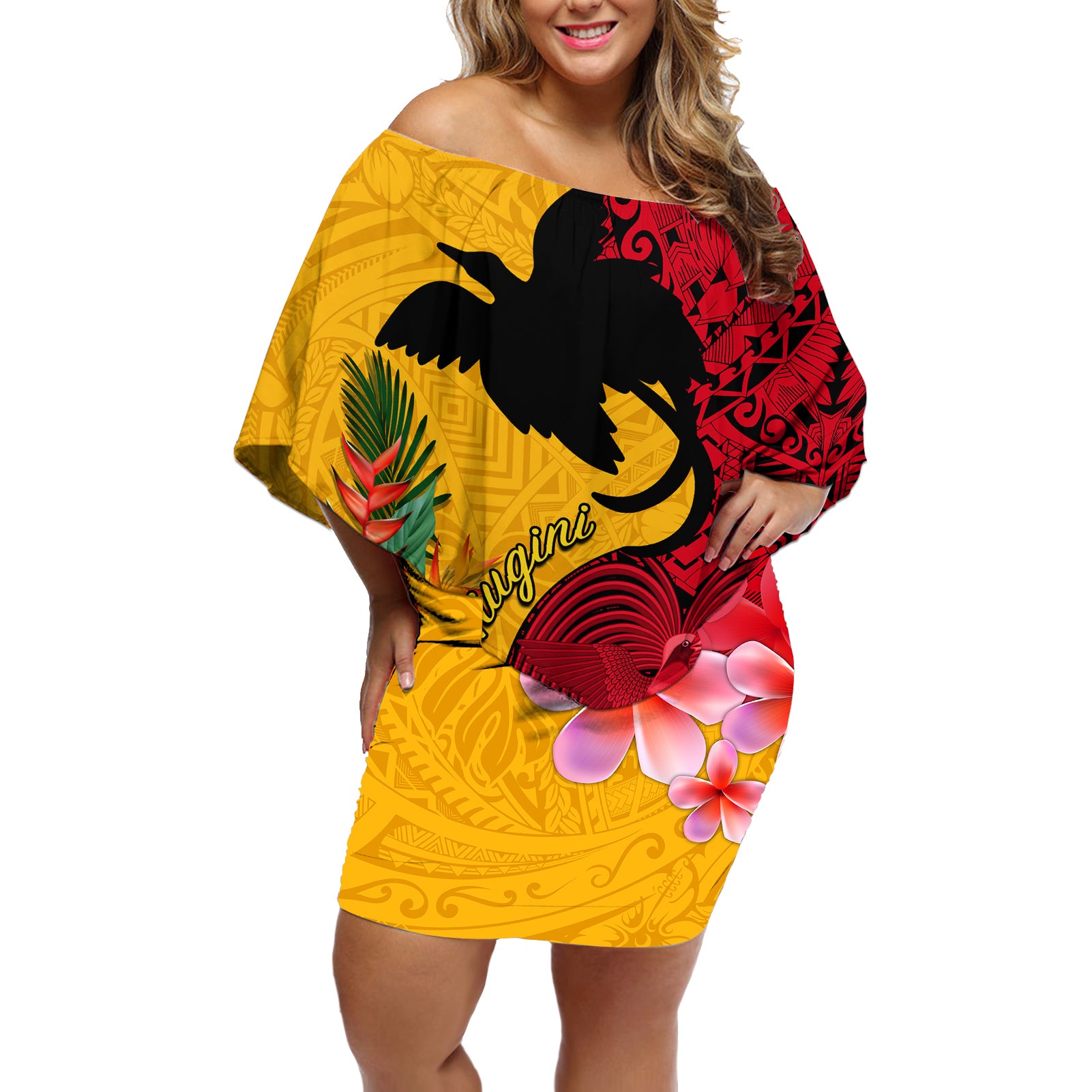 Papua New Guinea Off Shoulder Short Dress Birds Of Paradise Mix Tropical Flower Polynesian Pattern LT03 Women Yellow - Polynesian Pride