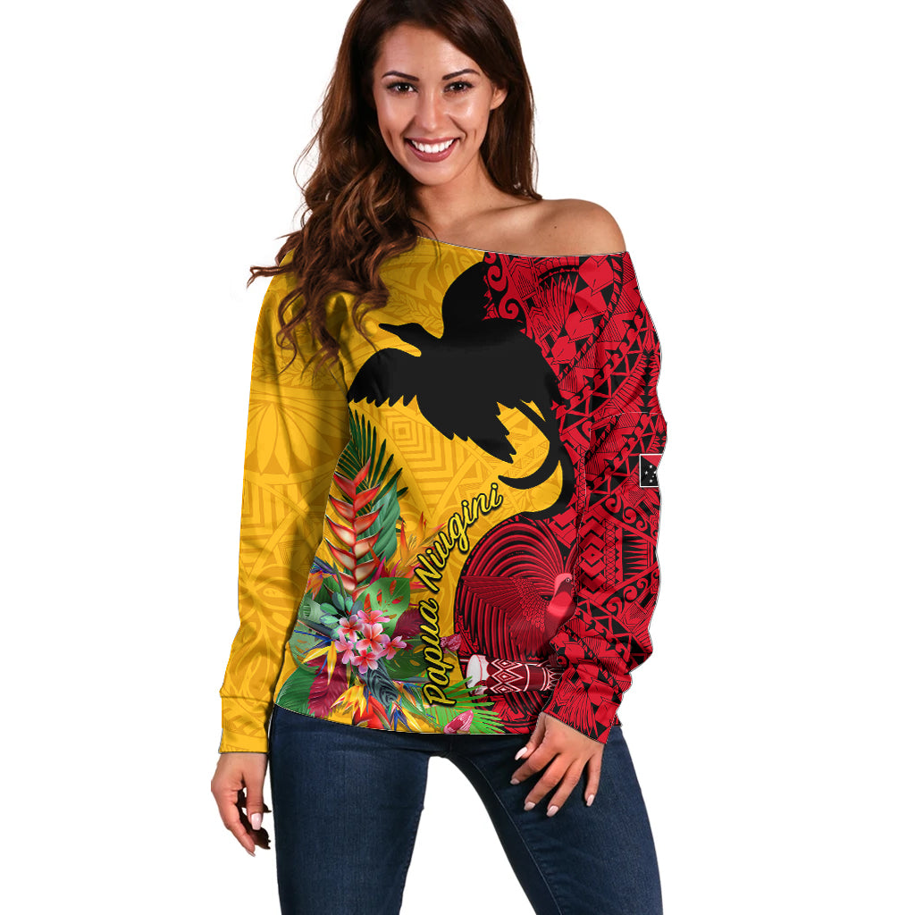 Papua New Guinea Off Shoulder Sweater Birds Of Paradise Mix Tropical Flower Polynesian Pattern LT03 Women Yellow - Polynesian Pride