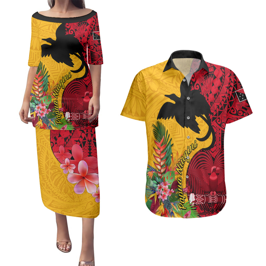 Custom Papua New Guinea Couples Matching Puletasi Dress and Hawaiian Shirt Birds Of Paradise Mix Tropical Flower Polynesian Pattern LT03 Yellow - Polynesian Pride