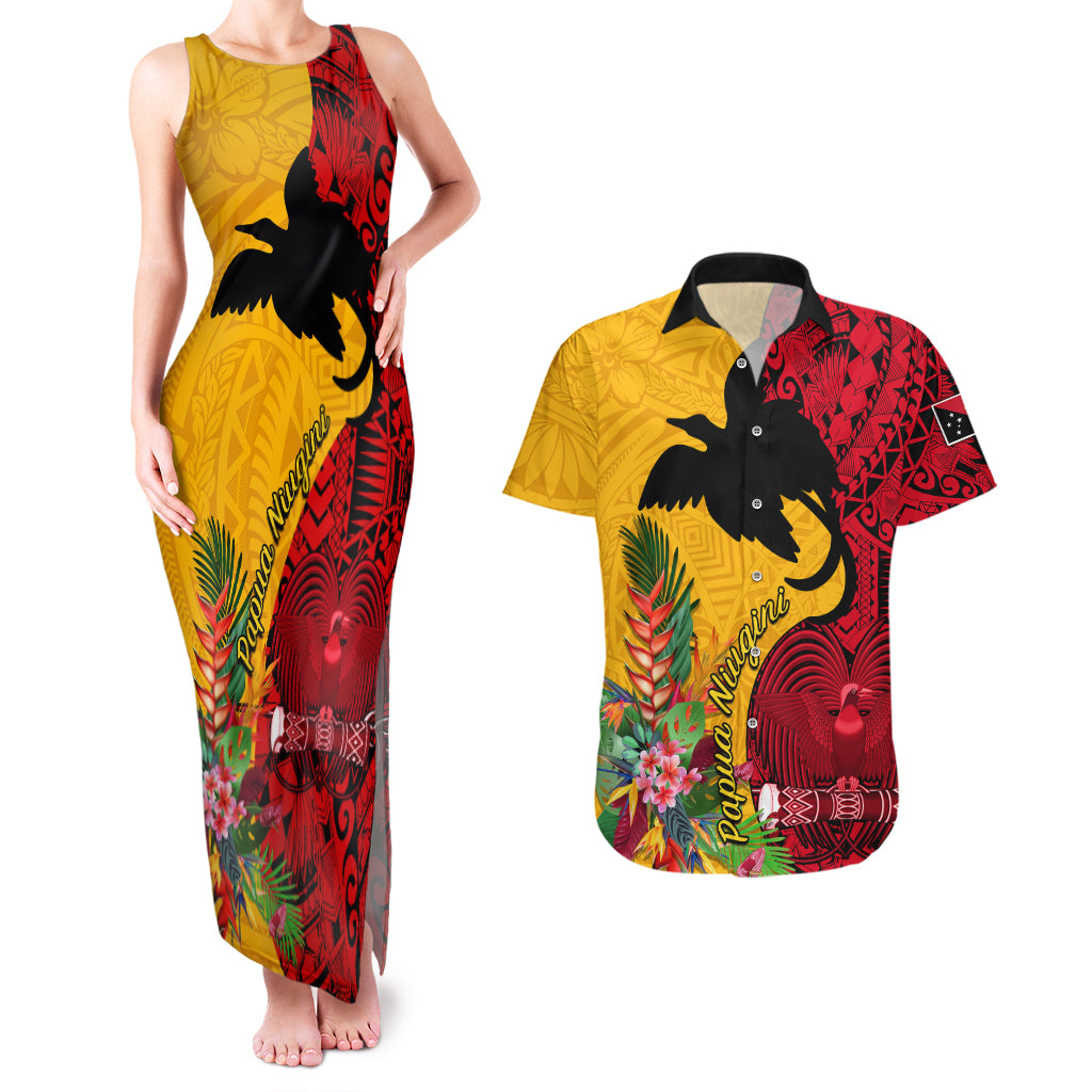 Custom Papua New Guinea Couples Matching Tank Maxi Dress and Hawaiian Shirt Birds Of Paradise Mix Tropical Flower Polynesian Pattern LT03 Yellow - Polynesian Pride