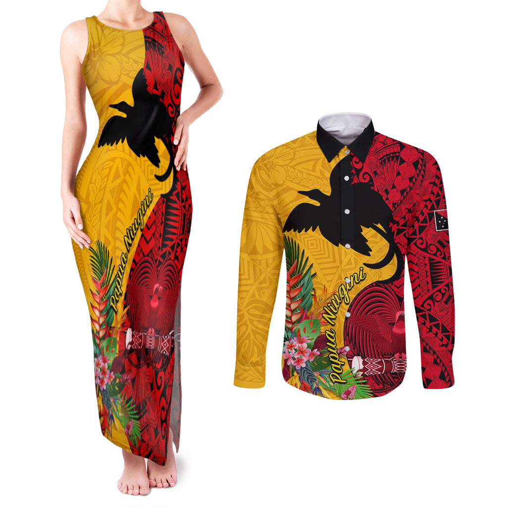 Custom Papua New Guinea Couples Matching Tank Maxi Dress and Long Sleeve Button Shirts Birds Of Paradise Mix Tropical Flower Polynesian Pattern LT03 Yellow - Polynesian Pride