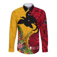 Custom Papua New Guinea Long Sleeve Button Shirt Birds Of Paradise Mix Tropical Flower Polynesian Pattern LT03 Unisex Yellow - Polynesian Pride