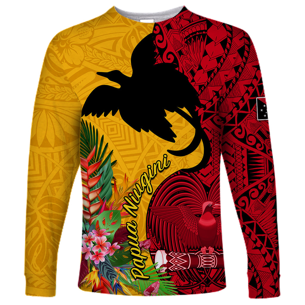 Custom Papua New Guinea Long Sleeve Shirt Birds Of Paradise Mix Tropical Flower Polynesian Pattern LT03 Unisex Yellow - Polynesian Pride