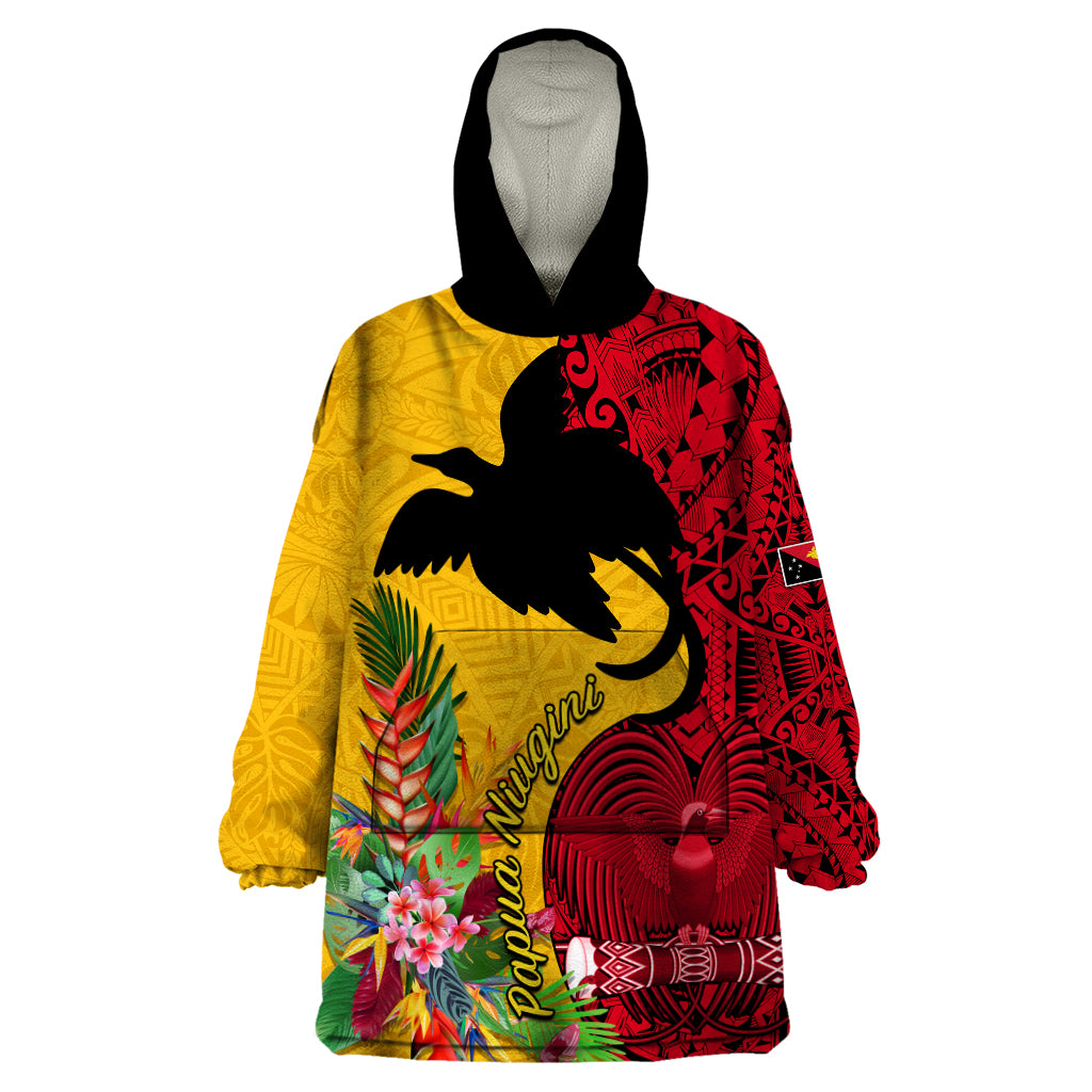 Custom Papua New Guinea Wearable Blanket Hoodie Birds Of Paradise Mix Tropical Flower Polynesian Pattern LT03 One Size Yellow - Polynesian Pride