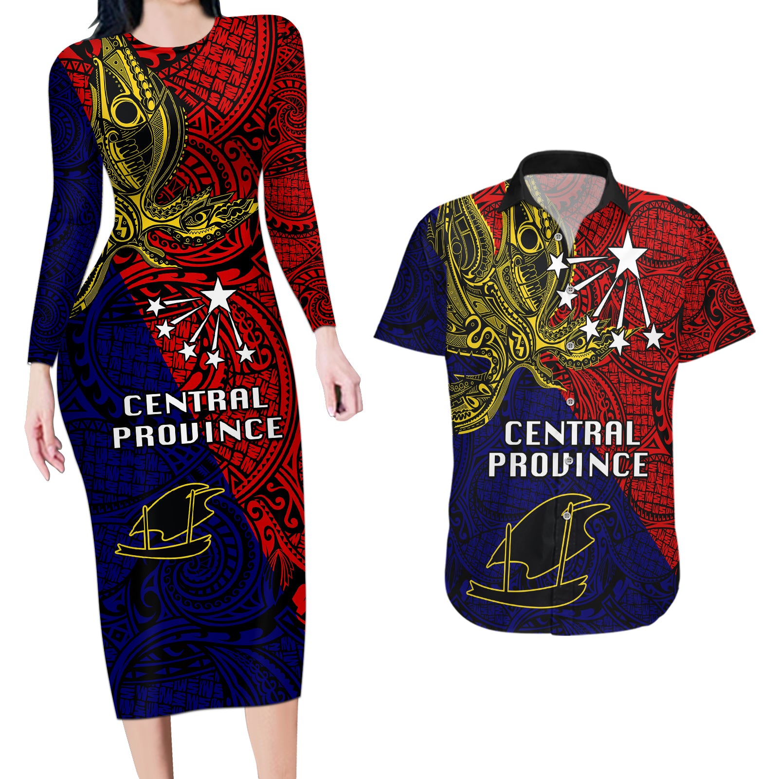 Papua New Guinea Central Province Couples Matching Long Sleeve Bodycon Dress and Hawaiian Shirt PNG Birds Of Paradise Polynesian Arty Style LT03 Red - Polynesian Pride