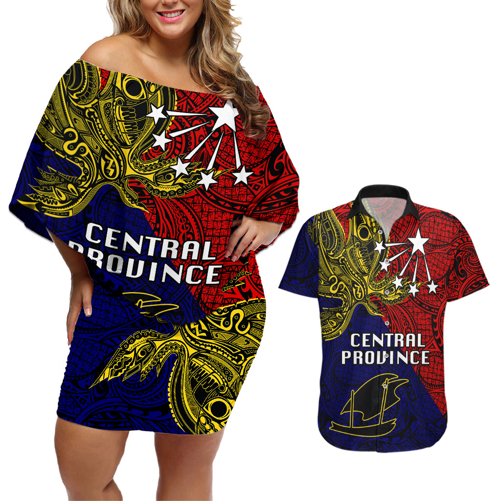 Papua New Guinea Central Province Couples Matching Off Shoulder Short Dress and Hawaiian Shirt PNG Birds Of Paradise Polynesian Arty Style LT03 Red - Polynesian Pride